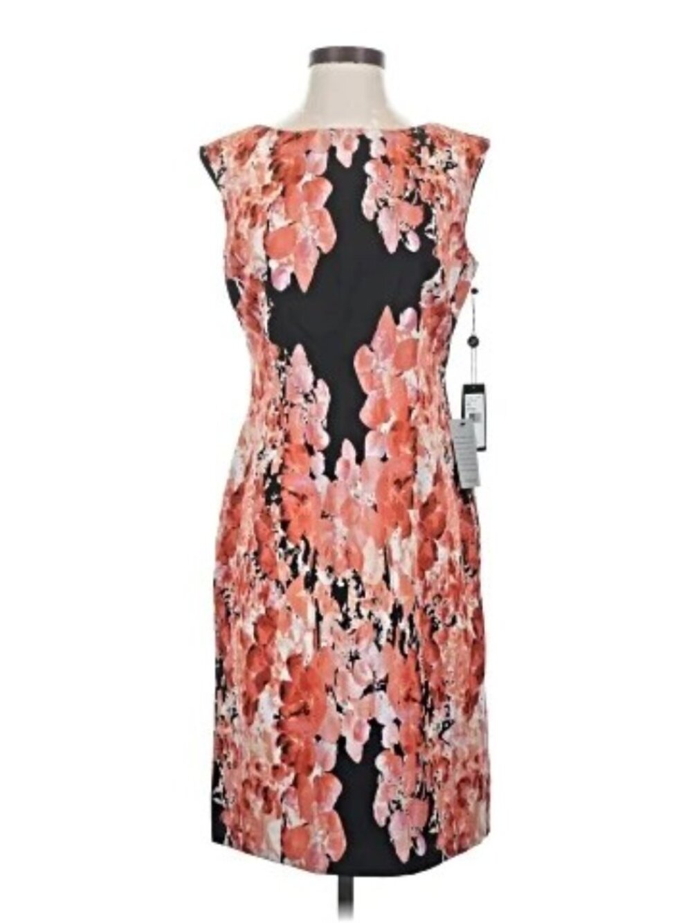 NWT Adrianna Papell Coral Floral Sheath Dress Cap Sleeve Black Placement Size 4